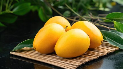 Aufkleber - Fresh ripe mangoes arranged on a bamboo mat with lush green leaves conveying a vibrant tropical aesthetic on a dark background.