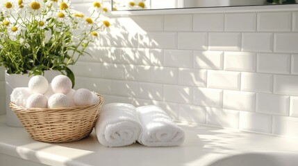 Aufkleber - Serene bathroom scene with white towels and bath bombs in a wicker basket beside a floral arrangement on a bright surface