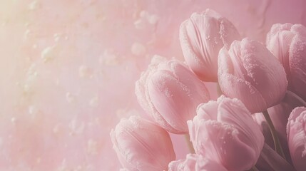 Poster - Soft pink tulips on pastel background with blurred vintage tones for serene floral aesthetic and delicate romantic atmosphere