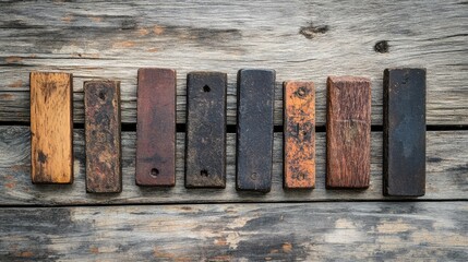 Poster - vintage letterpress printing blocks arranged on rustic wooden surface for artistic and historical purposes