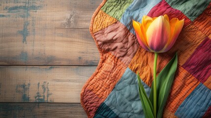 Poster - Tulip on Vibrant Quilt Over Rustic Wooden Surface Highlighting Natural Elegance and Space for Custom Text Top View