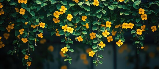 Poster - Vibrant yellow flowers cascading from lush green leaves in a stylish metal frame ideal for enhancing home decor and design aesthetics