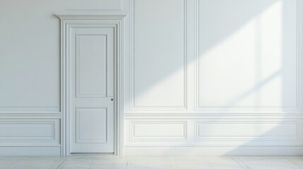 Poster - Elegant vertical white door against a minimalist white wall featuring decorative moldings and soft natural light shadows