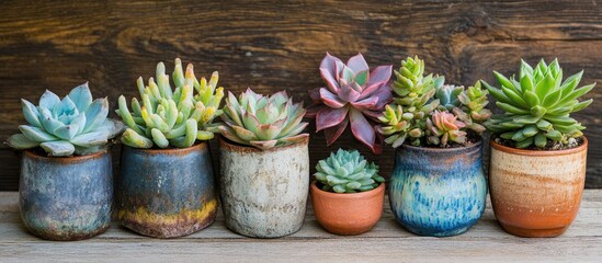 Poster - Succulent plants arranged in decorative pots on a rustic wooden table enhancing a tranquil and stylish home interior decor atmosphere
