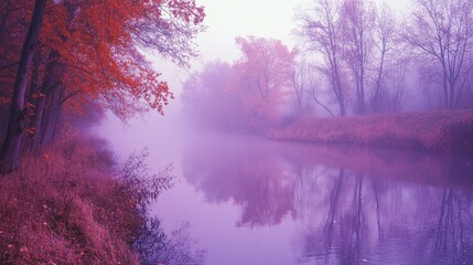 Aufkleber - Misty autumn river landscape with violet fog and vibrant foliage reflections creating a serene and tranquil atmosphere in nature