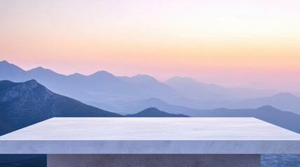 Aufkleber - Panoramic Mountain View with White Stone Table at Dusk Scenic Landscape High Quality Image