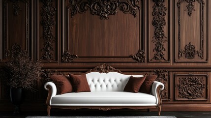 Aufkleber - Elegant white vintage sofa in front of ornate dark wooden wall featuring intricate design and decorative accents in a luxurious interior setting