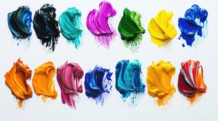 Poster - Colorful abstract paint smears arranged artistically against a clean white backdrop showcasing a vibrant collection of paint textures
