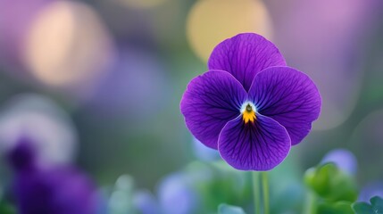 Poster - Vibrant violet flower blooming softly against a blurred pastel background showcasing natural beauty and tranquility in nature.