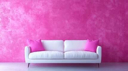 Poster - Scandinavian interior design featuring a white sofa with pink pillows against a vibrant pink wall in a modern living room setting