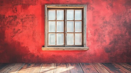 Aufkleber - Rustic wooden window on a textured red cement wall with sunlight casting shadows on a wooden floor creating a warm vintage atmosphere