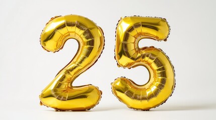 Poster - Golden Inflatable Number 25 Balloons on White Background Ideal for Parties Anniversaries Celebrations and Festive Events