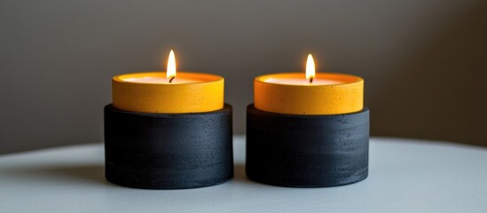 Poster - Vibrant candles in modern black and yellow concrete holders enhancing contemporary home decor ambiance and style