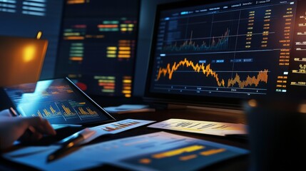 Poster - A financial analyst reviewing data with various stock performance charts, graphs, and investment reports spread across a desk in an office environment.