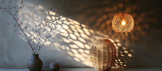 Poster - wicker lamp creating intricate shadows on a wall with decorative vases and branches enhancing cozy h