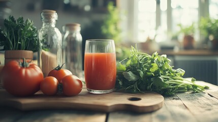 Poster - Fresh tomato juice with ripe vegetables on a rustic kitchen table showcasing healthy nutrition and vibrant flavors in natural light.