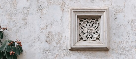 Poster - elegant white wooden window frame with detailed design against a textured wall perfect for interior 