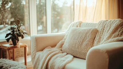 Aufkleber - Cozy interior with white sofa and armchair by window showcasing warm light and energy efficiency in home design