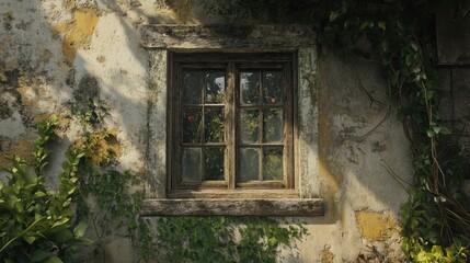 Poster - rustic window framed by nature on an aged house wall showcasing vintage architecture and the beauty 