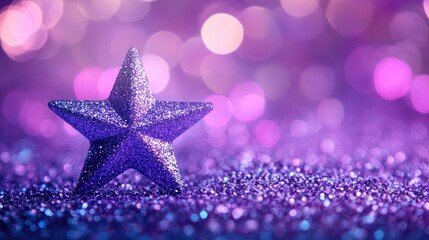 Aufkleber - Vibrant violet star glimmering on a lilac glitter backdrop with soft bokeh lights creating a magical festive atmosphere