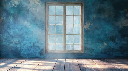 Sticker - Serene interior scene featuring a vintage window against a textured blue wall and rustic wooden floor illuminated by soft natural light