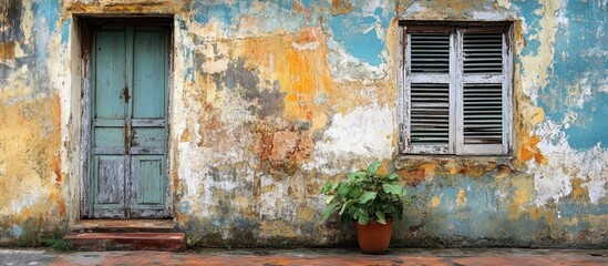 Aufkleber - weathered wall with peeling paint and rustic door ideal for photography and creative design projects showcasing texture and depth