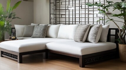 Poster - Modern East Asian Fusion Living Room with White Sofa and Ottoman Natural Light Interior Design Elements