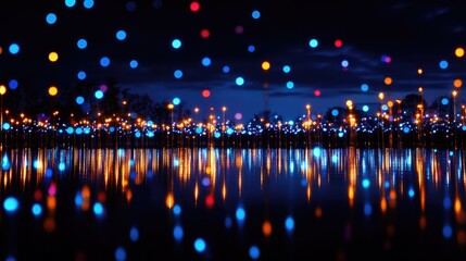 Poster - Bokeh effect of twinkling festive lights reflecting on water surface during a serene night creating a magical atmosphere