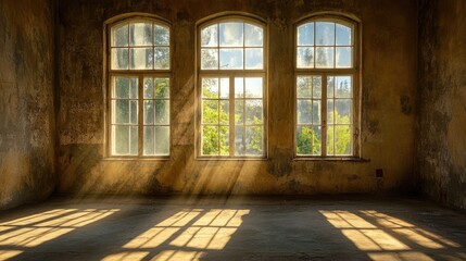 Poster - sunlight streaming through vintage windows in an abandoned building creating a nostalgic atmosphere 
