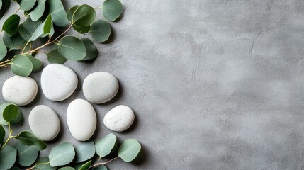Aufkleber - Eucalyptus leaves and white stones arranged on a textured gray background creating a serene and peaceful ambiance for relaxation