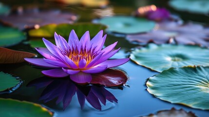 Poster - Vibrant violet lotus flower blooming in serene water environment surrounded by lush green lily pads and tranquil reflections.