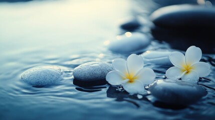 Aufkleber - Serene composition of white stones and delicate flowers gently floating on tranquil water surface in natural setting