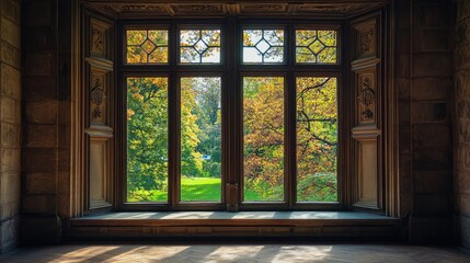 Poster - Elegant historical windows with intricate designs overlooking a vibrant autumn garden scene filled with colorful foliage and natural light.