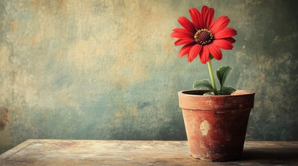 Aufkleber - Vintage red flower in rustic pot against textured background with wooden table showcasing classic home decor style