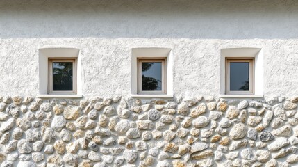 Sticker - Exterior wall design featuring stone and white plaster with windows, showcasing architectural elements in a modern outdoor setting.