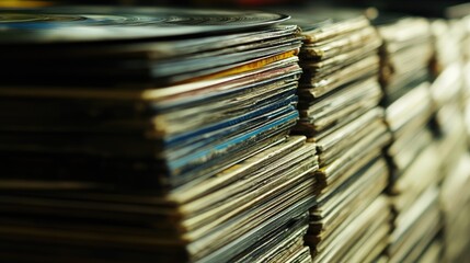 Poster - Close up of stacked vinyl records at a vibrant DJ club highlighting the art of music and nostalgia in nightlife culture