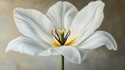 Poster - Elegant white tulip in full bloom showcasing detailed petals and prominent stamen against a soft muted background.