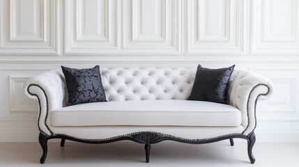 Poster - Elegant White Sofa with Black Accent Pillows in Chic Interior Design Setting