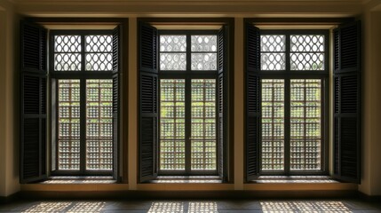Poster - elegant windows with intricate grilles and classic shutters showcasing natural light and outdoor vie