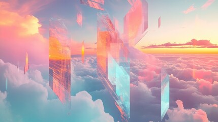 Poster - Abstract digital landscape with geometric structures floating among colorful clouds at sunset in a surreal, vibrant atmosphere