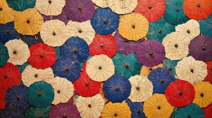 Poster - Vintage multicolored umbrellas arranged artistically on a vibrant background creating a lively and cheerful atmosphere.