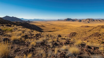 Aufkleber - Expansive arid desert landscape with rocky hills and vibrant golden grasses under a clear blue sky at sunset