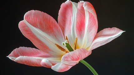 Poster - Delicate pink and white tulip blossom showcasing vibrant hues and intricate petal patterns against a dark background. Perfect for spring themes.