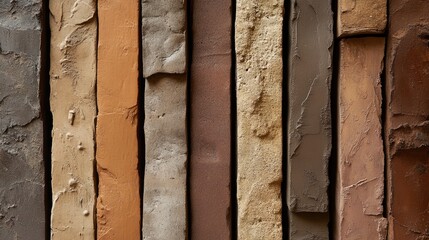 Poster - Textured ceramic bricks arranged vertically showcasing a rich palette of earthy tones and refined surfaces for design and construction backgrounds
