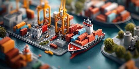 Poster - Sweeping aerial perspective showcasing the intricate choreography of cargo ships container vessels and towering cranes transferring freight at a bustling offshore logistics center