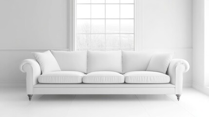 Aufkleber - Elegant White Sofa in Minimalist Bright Living Room with Spacious Window and Clean Blank Walls for Design Mockup Template