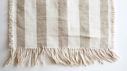 Aufkleber - Linen rug with white and beige stripes featuring fringe detail on a clean white background for stylish home decor inspiration