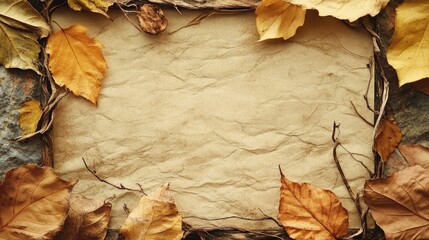 Aufkleber - Vintage Paper Surrounded by Autumn Leaves with a Rustic Frame Ideal for Photography and Creative Artwork Backgrounds