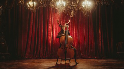 Poster - Deer with antlers plays cello in an elegant red draped performance space during an artistic musical gathering. Generative AI