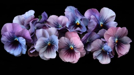 Aufkleber - Vibrant close-up of multicolored Viola tricolor flowers showcasing delicate petals and intricate patterns on a black background
